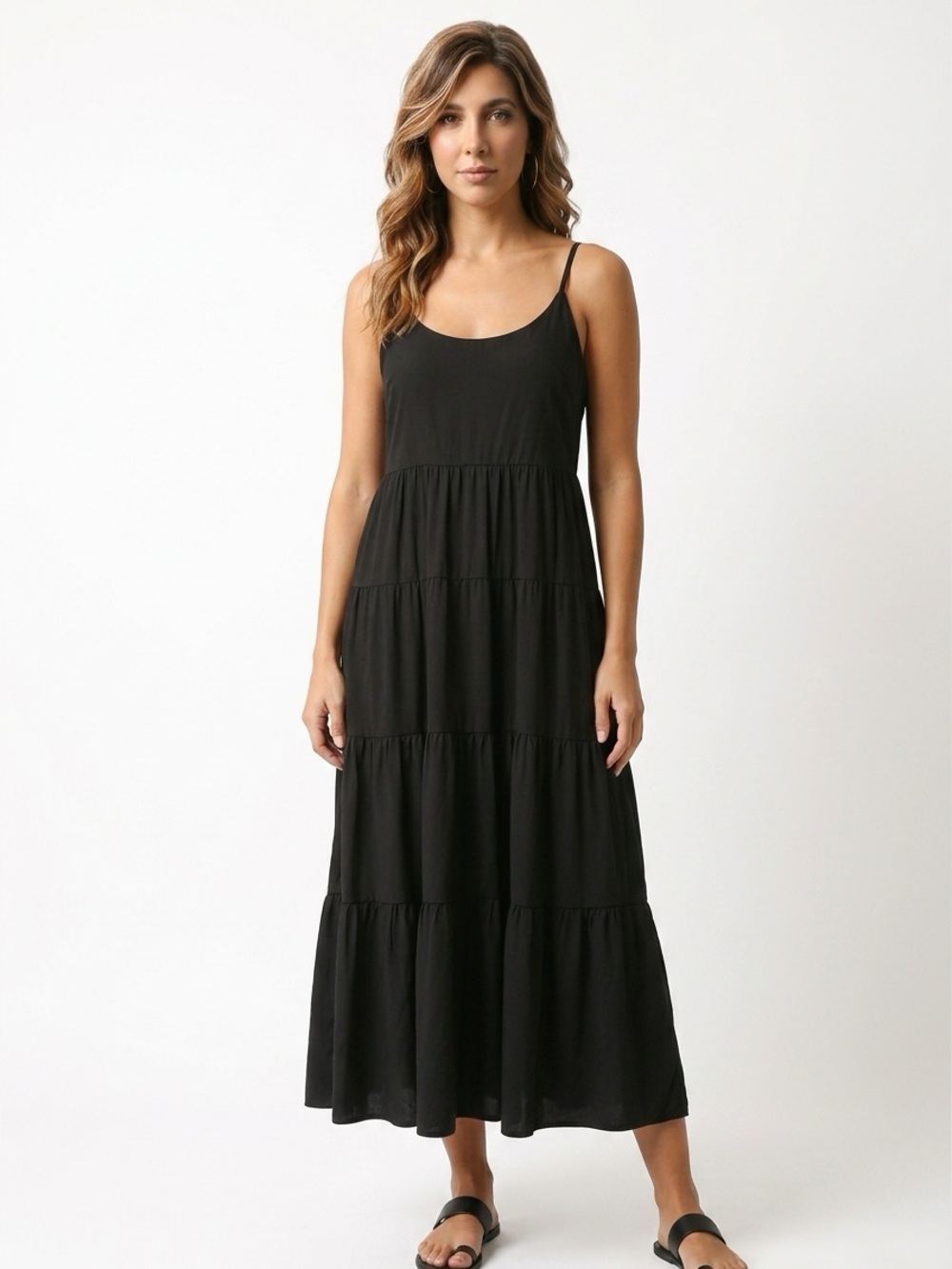 Boston Proper Black Tiered Maxi Slip Dress with Thin Straps SIZE LARGE